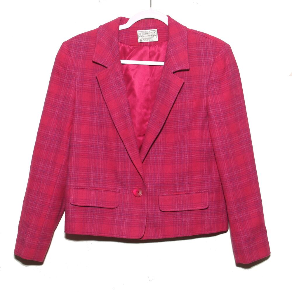 Vintage Miss Pendleton Wool Pink Plaid Blazer Jacket Size M (No size tag) 80s